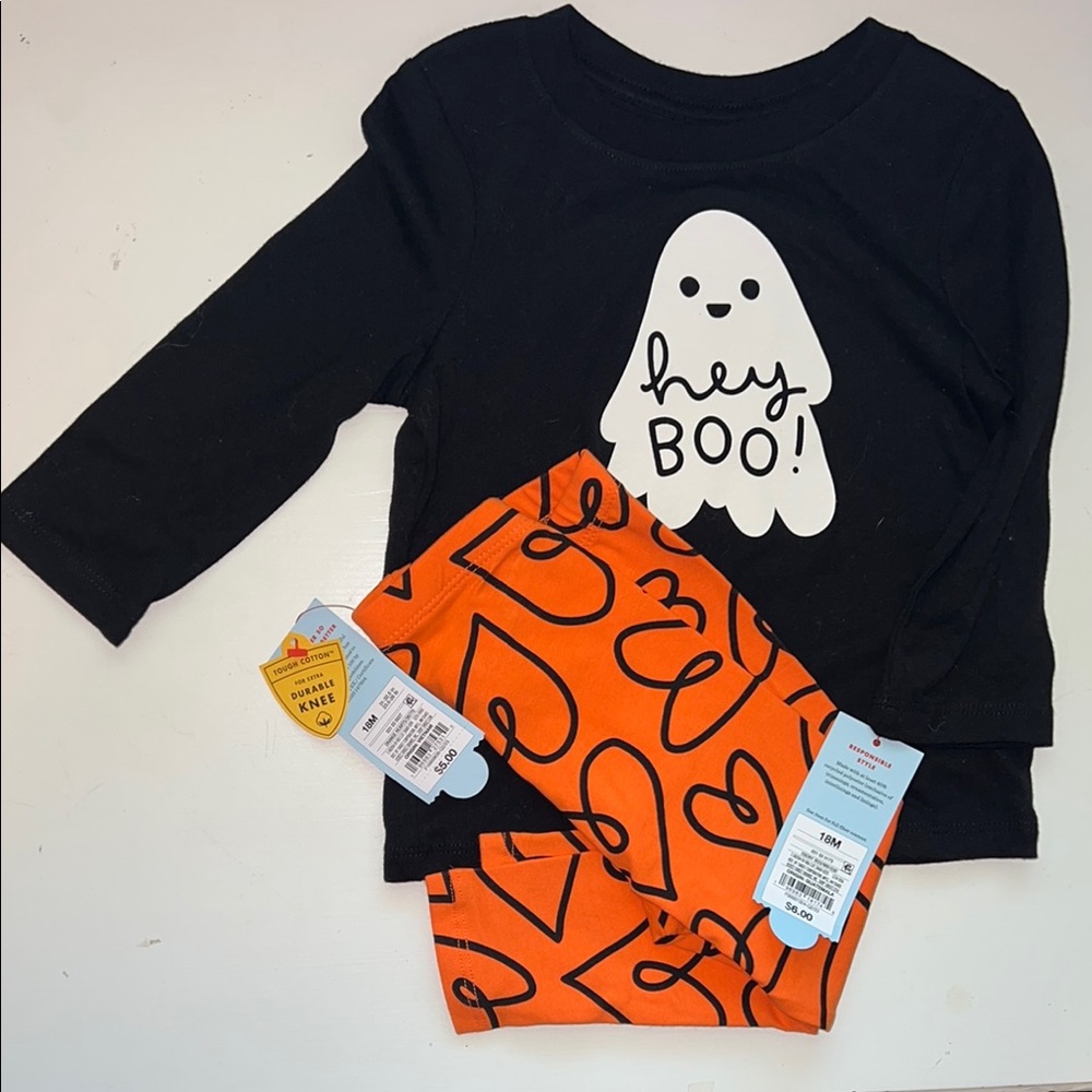 Black Ghost Top and Orange Heart Leggings Set